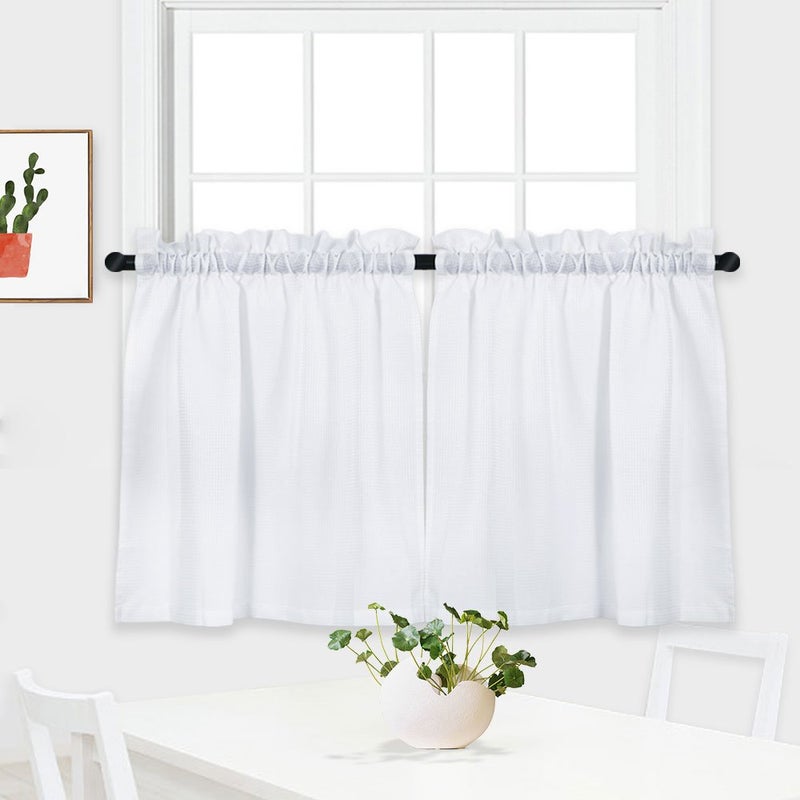 NANAN Tier Curtains,Waffle Weave Textured Short Curtains for Bathroom Waterproof Window Covering Kitchen Cafe Curtains - 30" x 36", White, Set of 2 - Image 2